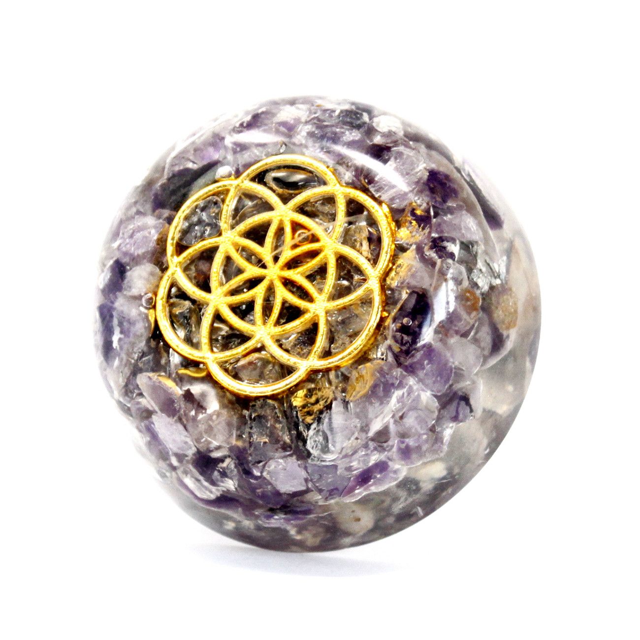 Alt Tag: Mystic Amethyst Orgonite Dome – 6.5x3 CM with amethyst chips and gold flower of life symbol, clear resin desk decor