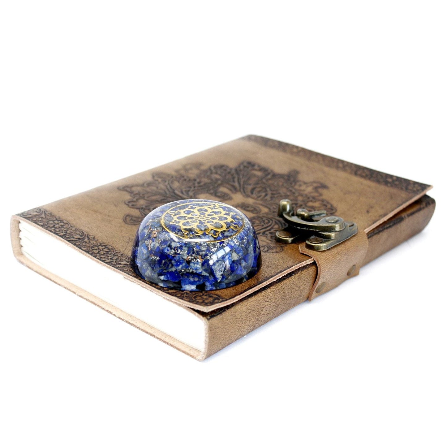 Mystic Amethyst Orgonite Dome – 6.5x3 CM on a vintage leather journal, blue resin dome with amethyst chips and gold mandala top