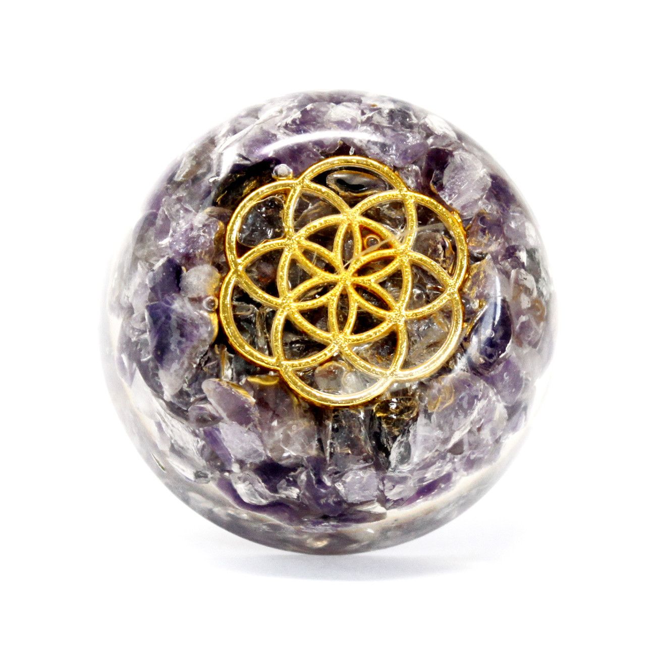 Mystic Amethyst Orgonite Dome – 6.5x3 CM with amethyst chips and gold-tone geometric symbol, desk decor dome