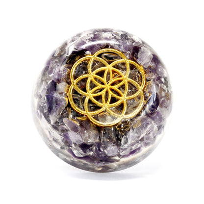 Mystic Amethyst Orgonite Dome – 6.5x3 CM with amethyst chips and gold-tone geometric symbol, desk decor dome