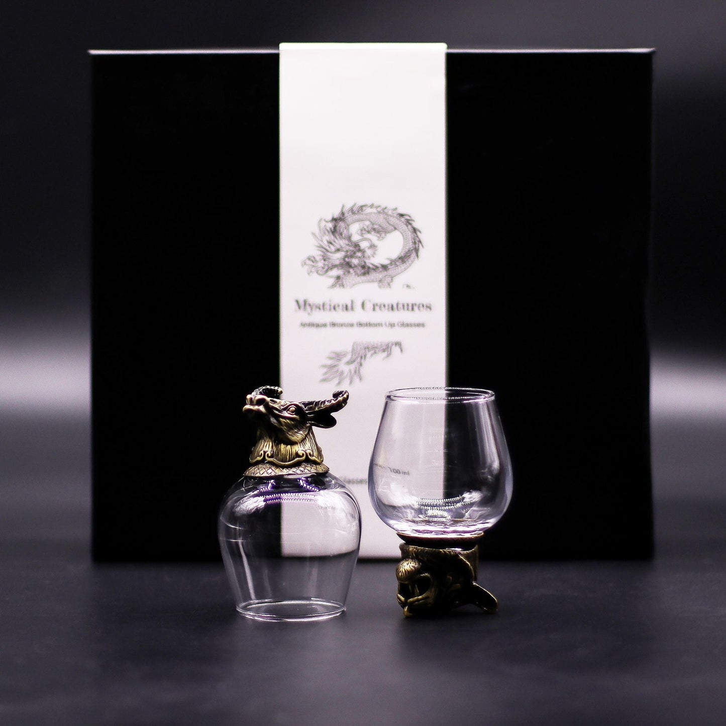Gift Set of 6 Glasses (100 ML) – Mystical Creatures – Antique Bronze glass with antique bronze mythical creature holder and gift box