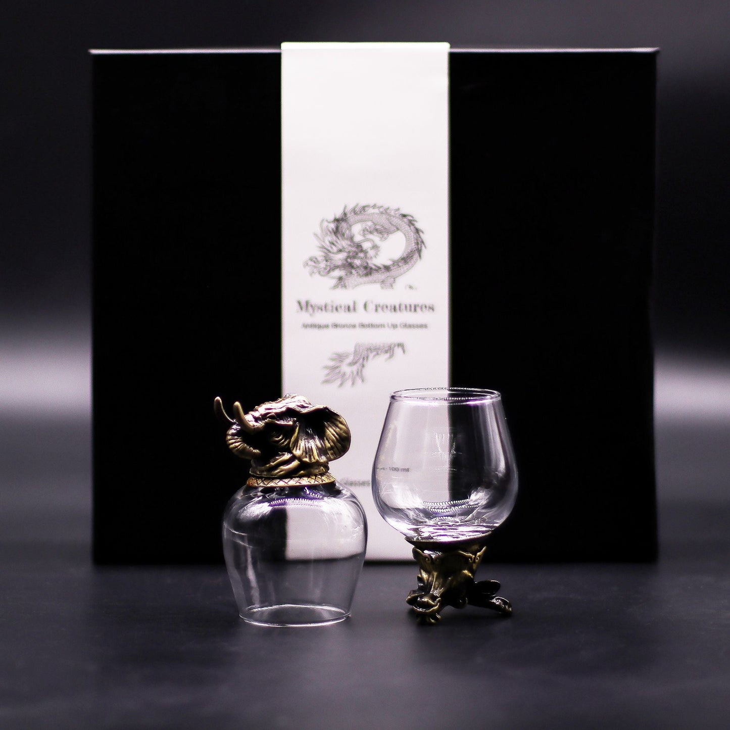 Alt Tag: Gift Set of 6 Glasses (100 ML) – Mystical Creatures – Antique Bronze, copas 100 ml con soportes estilo bronce antiguo y caja de regalo