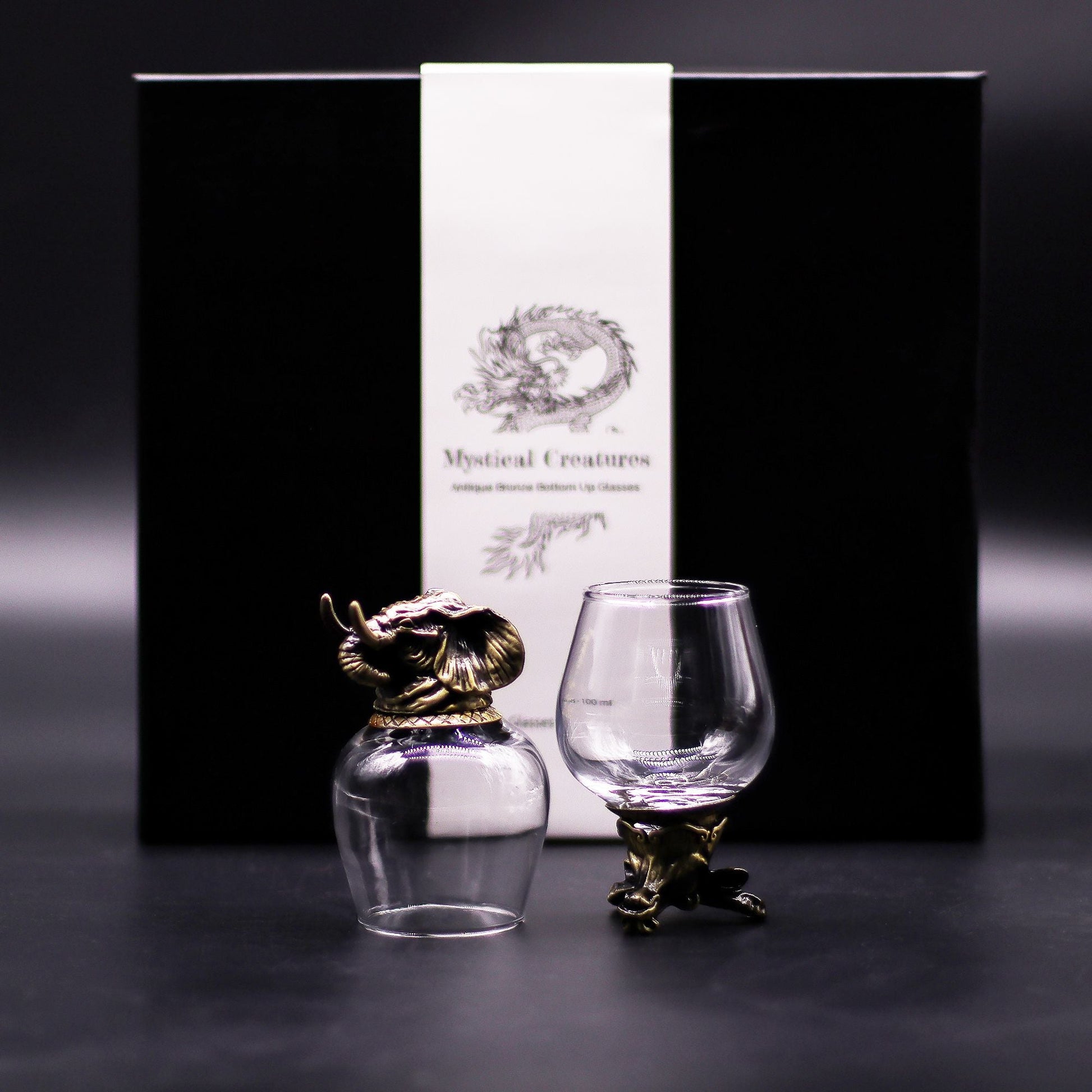 Alt Tag: Gift Set of 6 Glasses (100 ML) – Mystical Creatures – Antique Bronze, copas 100 ml con soportes estilo bronce antiguo y caja de regalo