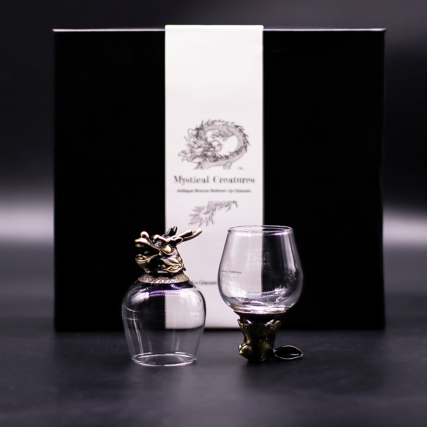 Gift Set of 6 Glasses (100 ML) – Mystical Creatures – Antique Bronze, 2 glasses with antique bronze-style mythical creature holders and box