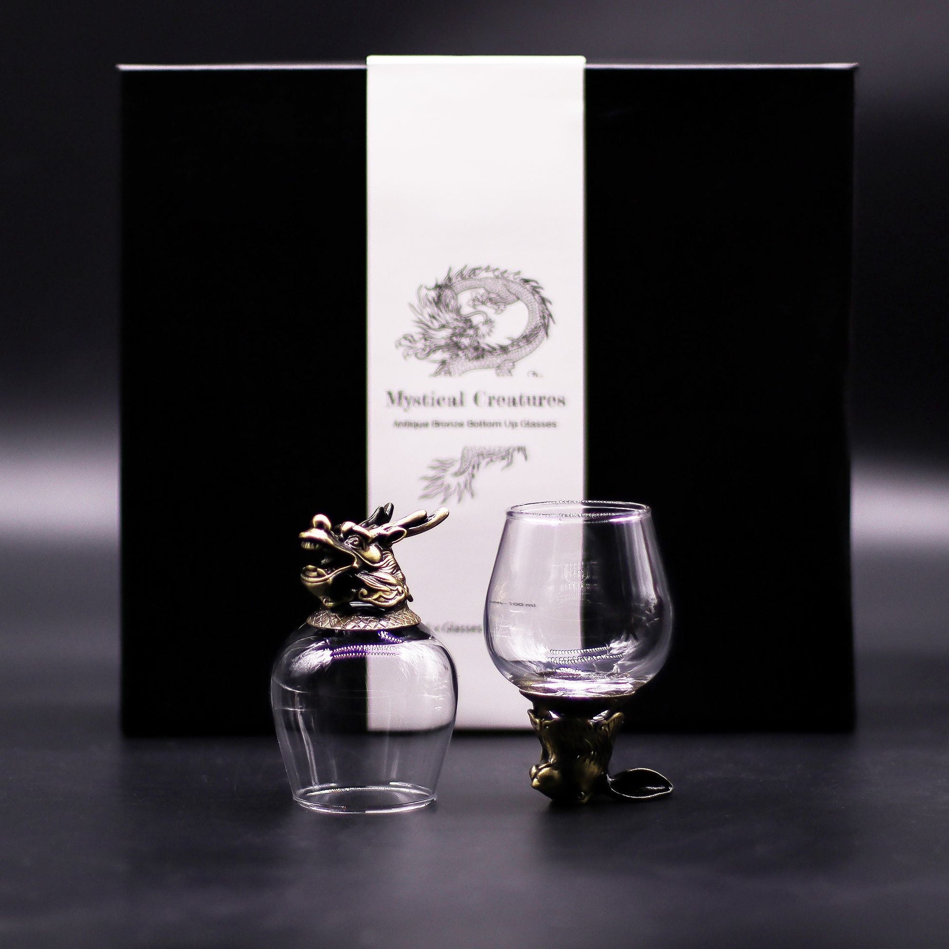 Gift Set of 6 Glasses (100 ML) – Mystical Creatures – Antique Bronze, 2 glasses with antique bronze-style mythical creature holders and box