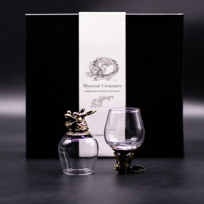 Gift Set of 6 Glasses (100 ML) – Mystical Creatures – Antique Bronze, 2 glasses with antique bronze-style mythical creature holders and box