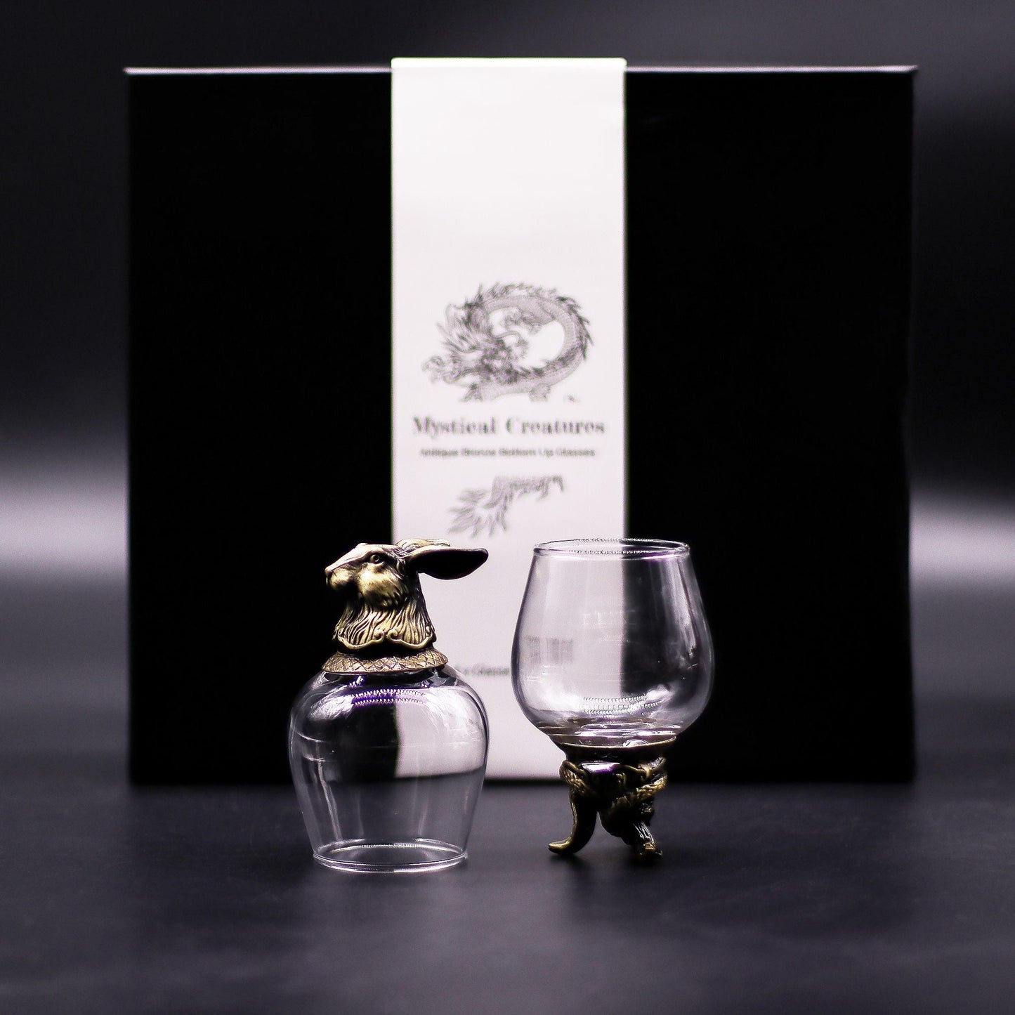 Gift Set of 6 Glasses (100 ML) – Mystical Creatures – Antique Bronze, 2 glass cups with antique bronze-style mythical creature holders