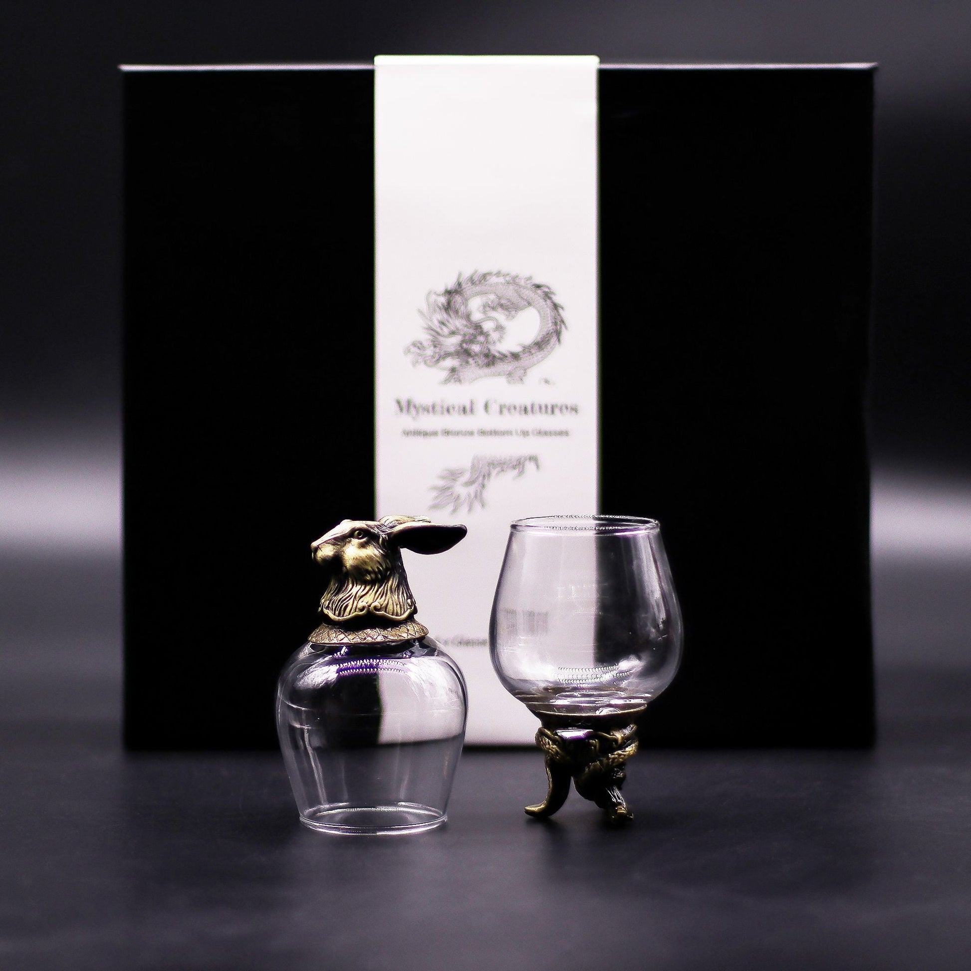 Gift Set of 6 Glasses (100 ML) – Mystical Creatures – Antique Bronze, 2 glass cups with antique bronze-style mythical creature holders