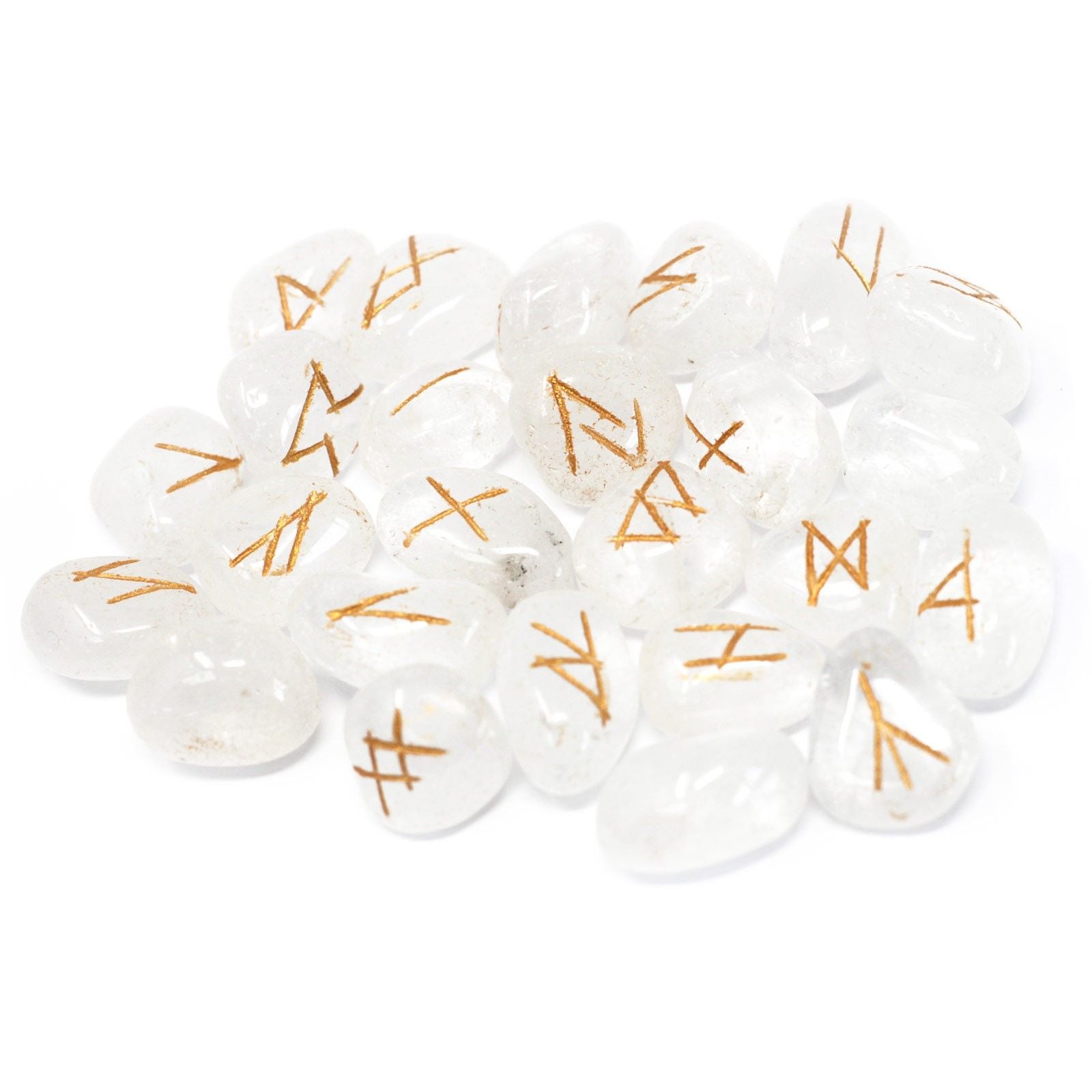 Alt Tag: Mystical Indian Rune Stone Set – Crystal Pouch white crystal rune stones with gold engraved symbols, 1.5 cm set