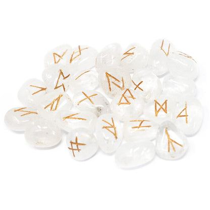 Alt Tag: Mystical Indian Rune Stone Set – Crystal Pouch white crystal rune stones with gold engraved symbols, 1.5 cm set