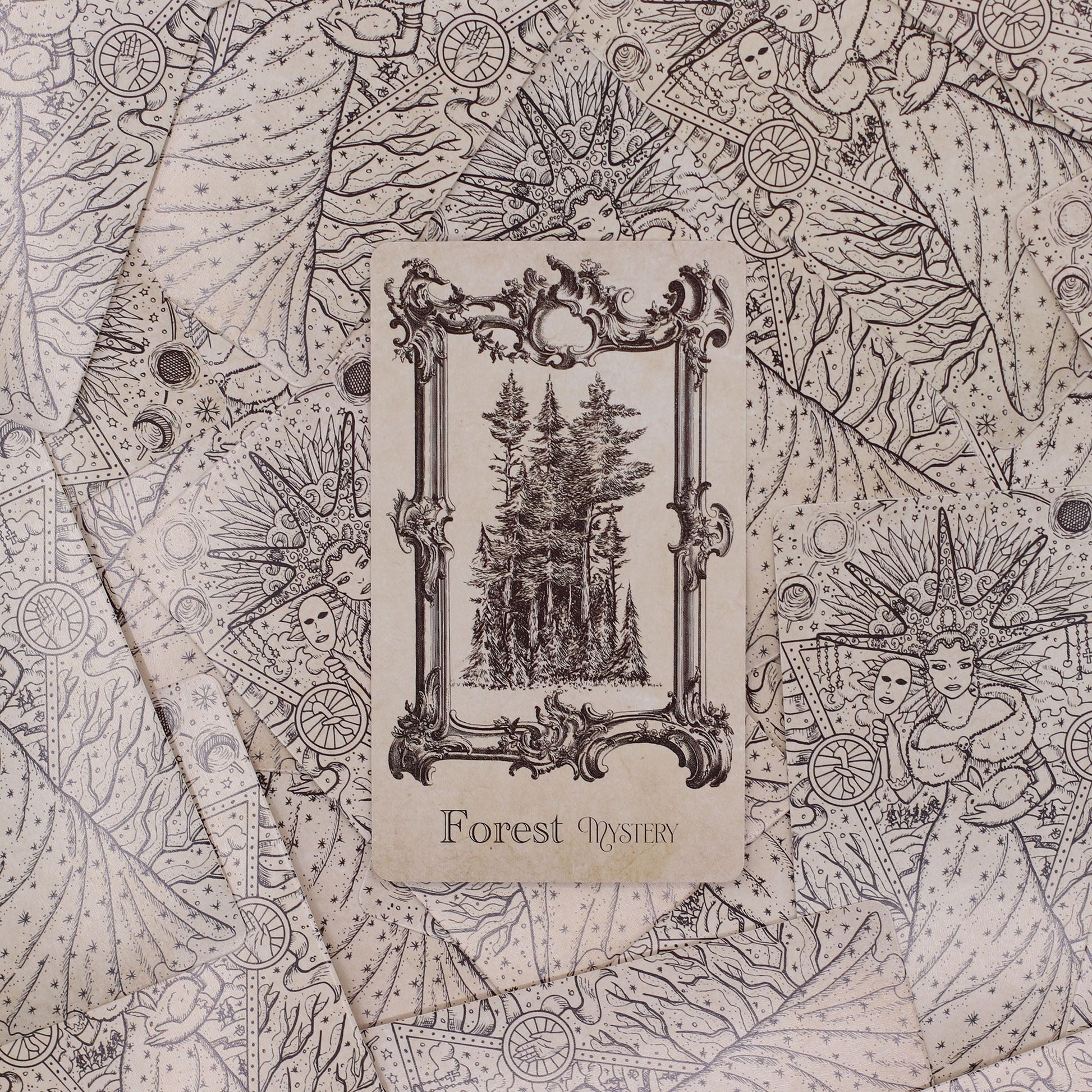 Alt Tag: Mystical Oracle Cards – 12x7.5 CM Witchcraft Deck Forest Mystery card with ornate frame and forest illustration