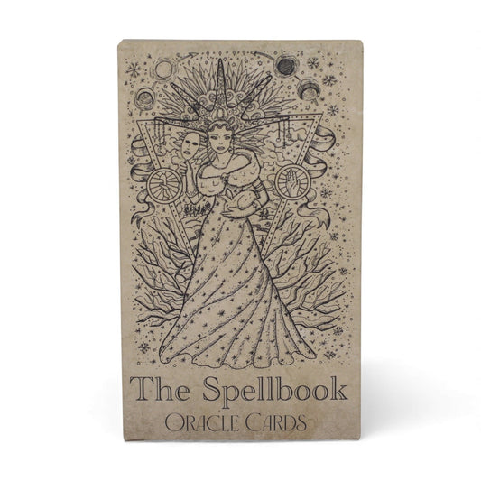 Mystische Orakelkarten – 12x7.5 CM Witchcraft-Deck-Box-Cover mit Hexen-Illustration, Himmelszeichen und dem Text „The Spellbook Oracle Cards“