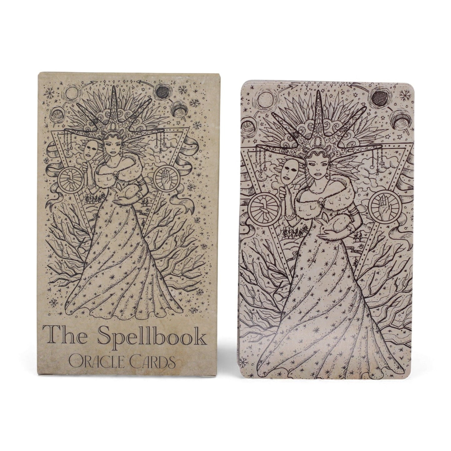Mystical Oracle Cards – 12x7.5 CM Witchcraft Deck, The Spellbook oracle card box and card with illustrated mystical figure