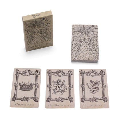 Mystical Oracle Cards – 12x7.5 CM Witchcraft Deck with spellbook-style box, card stack and sample oracle cards (Crown, Griffin, Chimera)