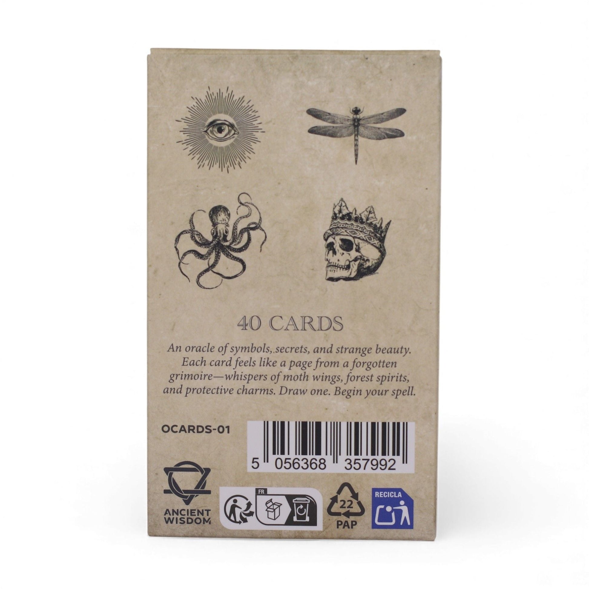 Mystical Oracle Cards – 12x7.5 CM Witchcraft Deck back of box showing 40 cards text, occult symbols and barcode