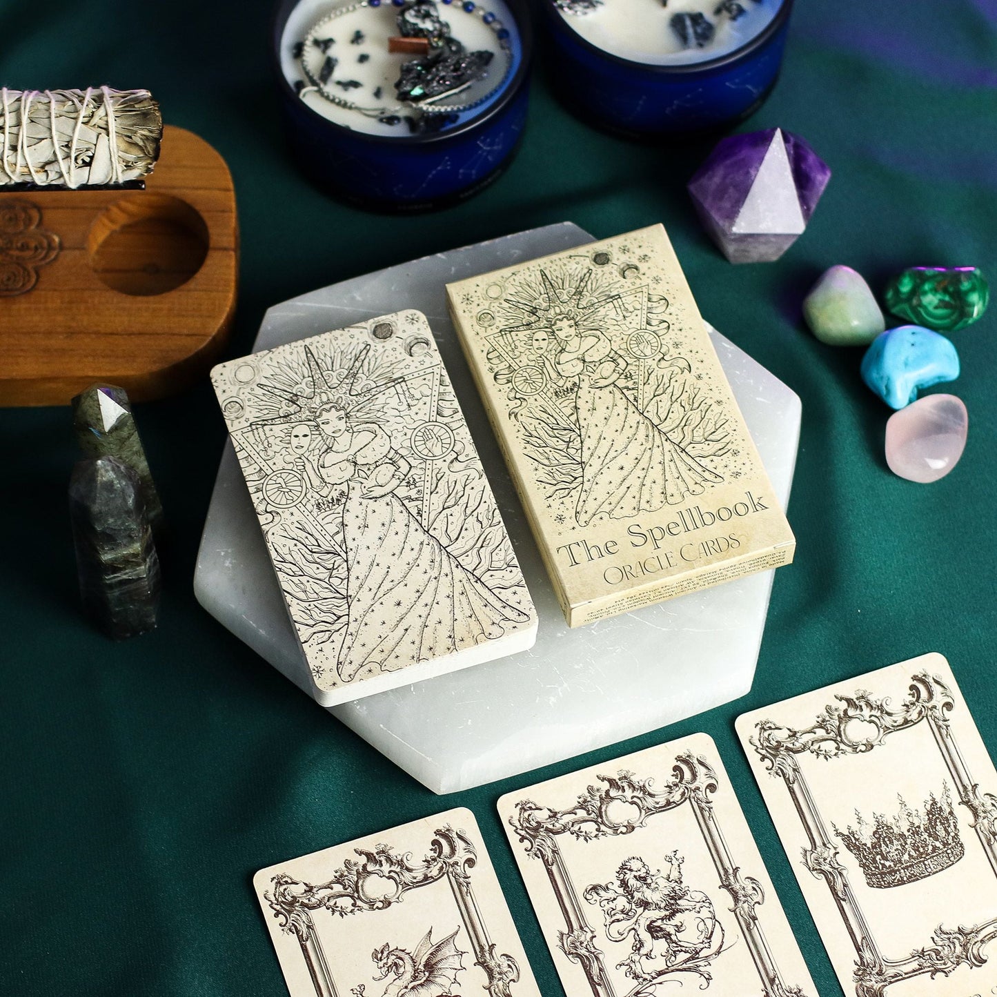 Mystical Oracle Cards – 12x7.5 CM Witchcraft Deck with spellbook-style box and illustrated oracle cards beside crystals and candles