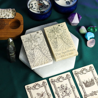 Mystical Oracle Cards – 12x7.5 CM Witchcraft Deck with spellbook-style box and illustrated oracle cards beside crystals and candles