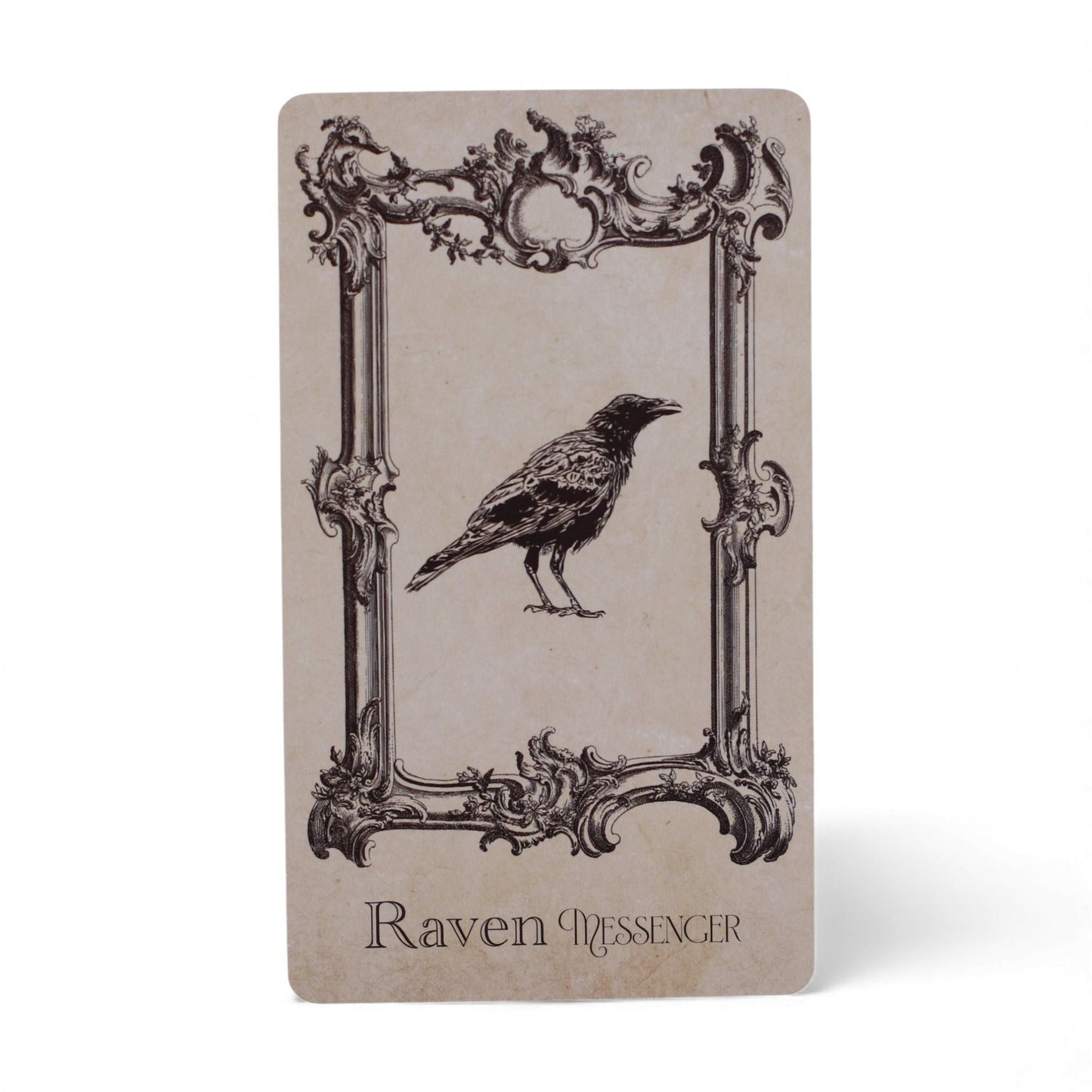 Alt Tag: Mystical Oracle Cards – 12x7.5 CM Witchcraft Deck Raven card with ornate frame and black raven illustration