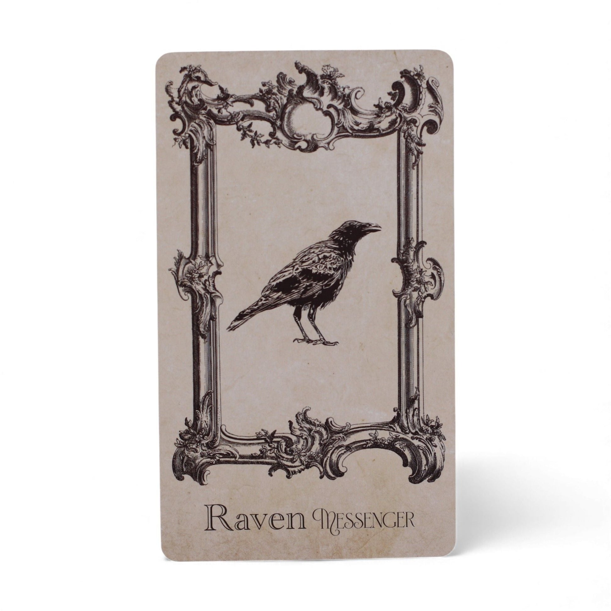 Alt Tag: Mystical Oracle Cards – 12x7.5 CM Witchcraft Deck Raven card with ornate frame and black raven illustration