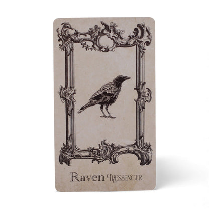 Alt Tag: Mystical Oracle Cards – 12x7.5 CM Witchcraft Deck Raven card with ornate frame and black raven illustration