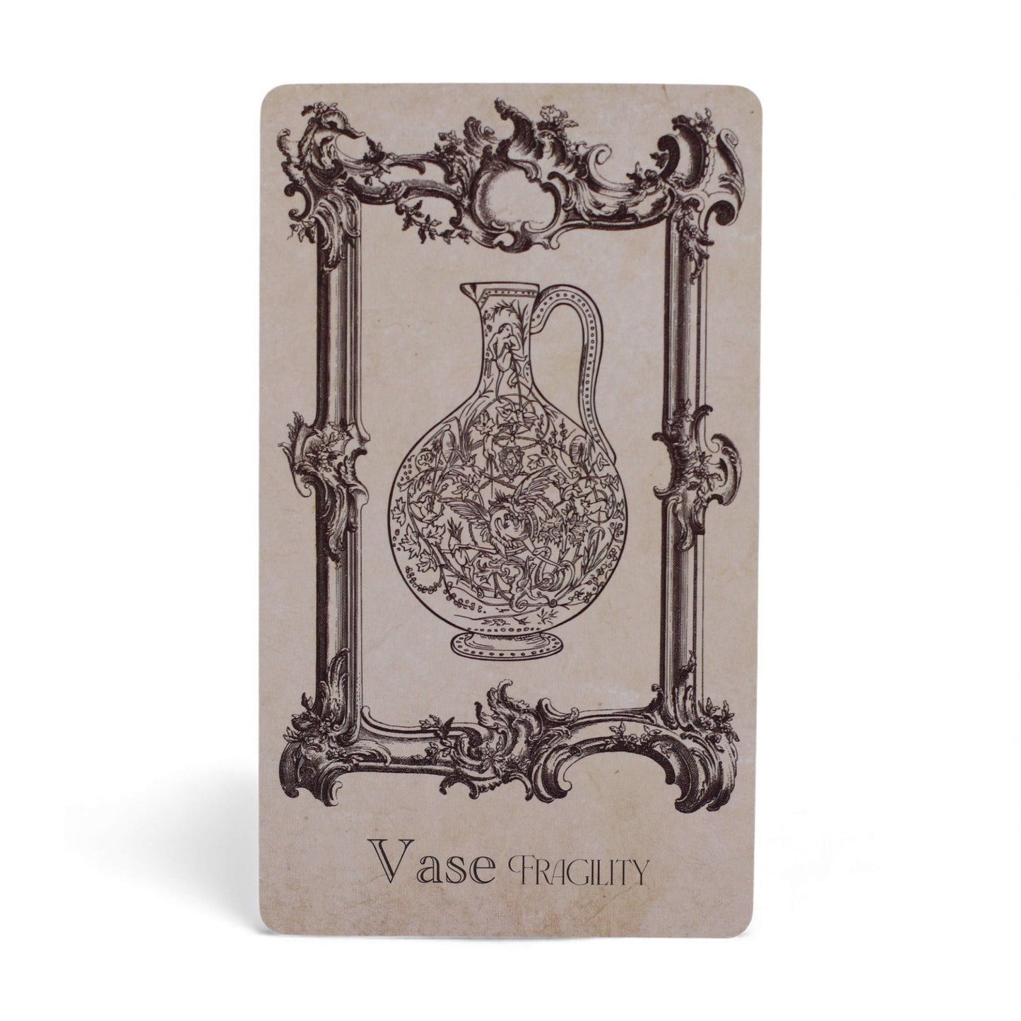 Mystical Oracle Cards – 12x7.5 CM Witchcraft Deck card with ornate frame illustration of a vase and “Vase Fragility” text