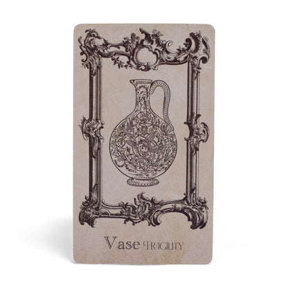 Mystical Oracle Cards – 12x7.5 CM Witchcraft Deck card with ornate frame illustration of a vase and “Vase Fragility” text