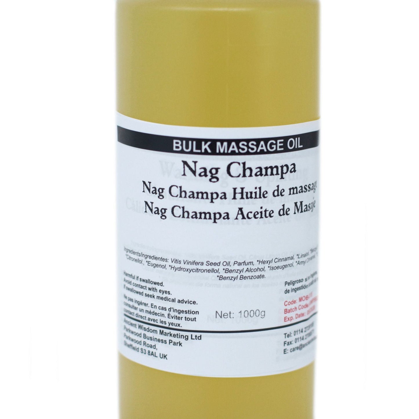 Nag Champa Massageöl – 1-kg-Großgebinde Massageölflasche, 1000 g, mit Nag-Champa-Duft und Vitis-Vinifera-Samenöl