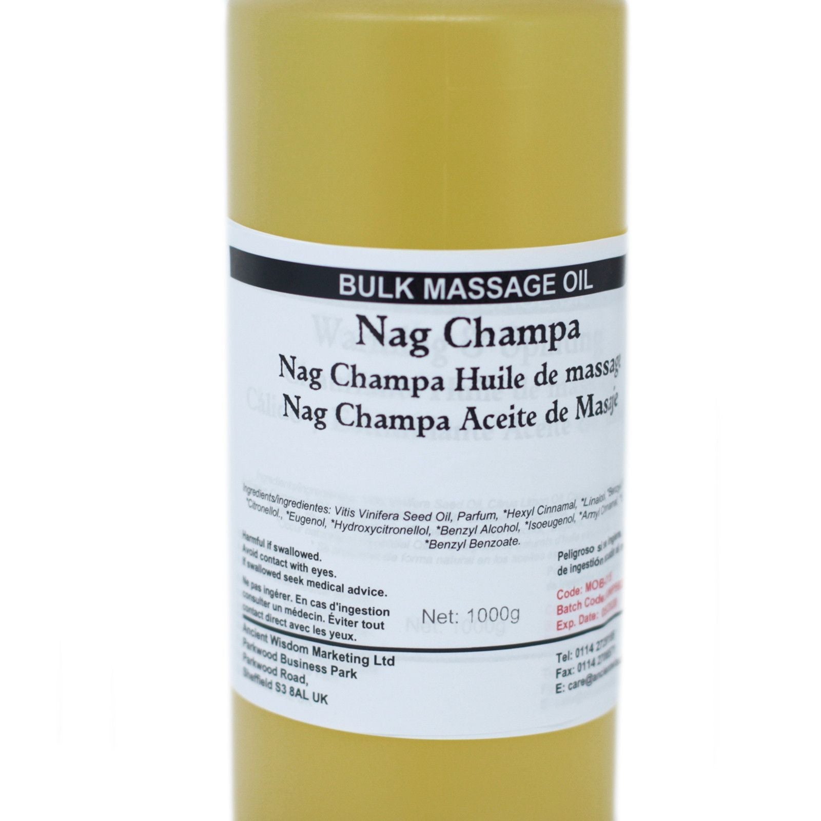 Nag Champa Massageöl – 1-kg-Großgebinde Massageölflasche, 1000 g, mit Nag-Champa-Duft und Vitis-Vinifera-Samenöl