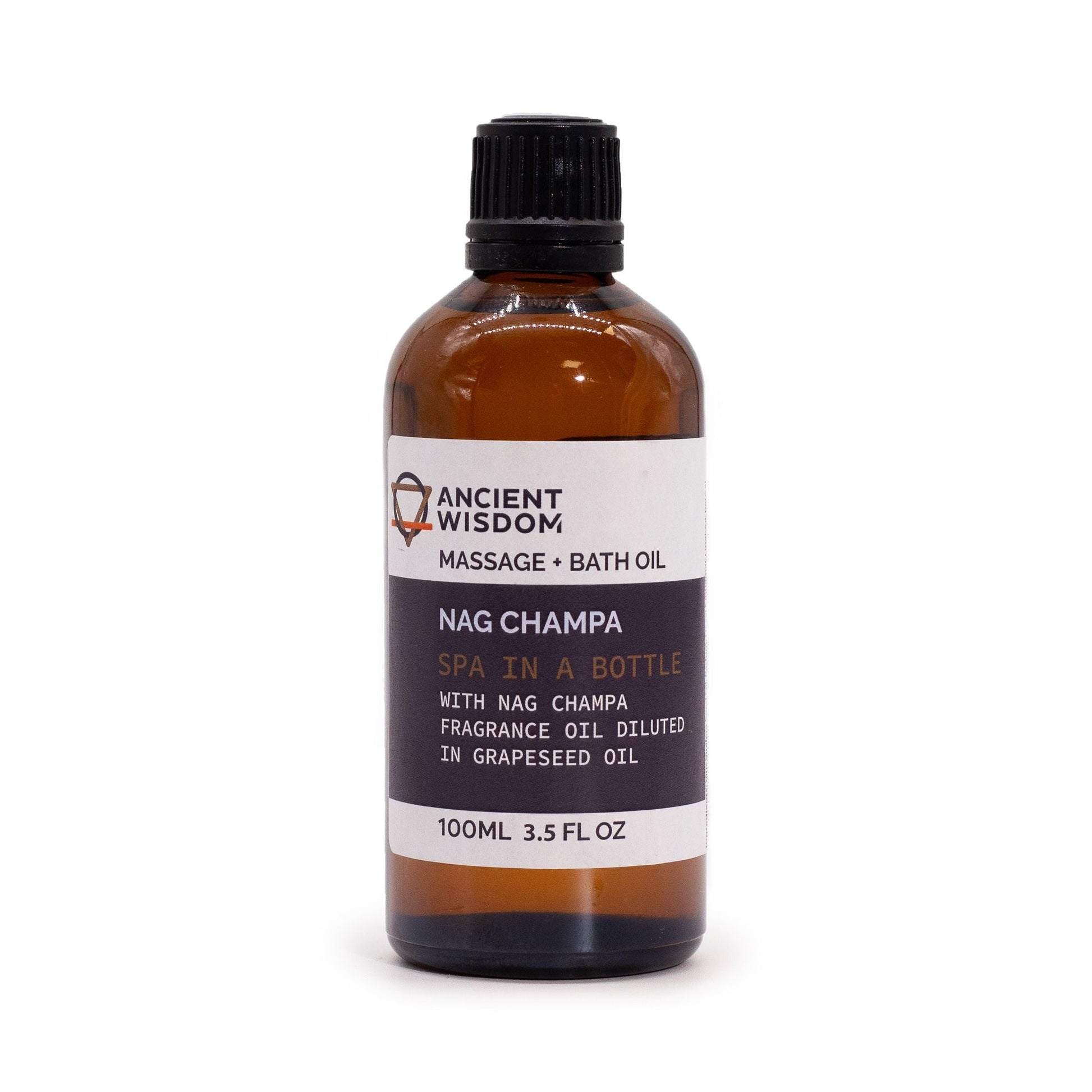 Alt Tag: Nag Champa Infused Massage Oil – 100 ML bottle, Ancient Wisdom massage & bath oil with Nag Champa fragrance oil in grapeseed oil, 100ml