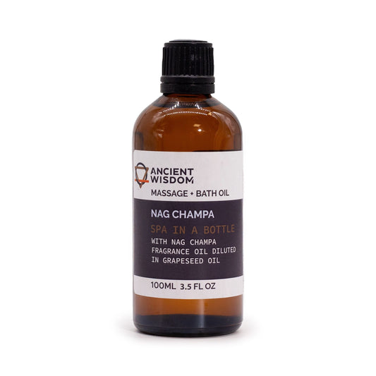 Alt Tag: Nag Champa-infuserad massageolja – 100 ML-flaska, Ancient Wisdom massage- & badolja med Nag Champa-doftolja i druvkärneolja, 100 ml