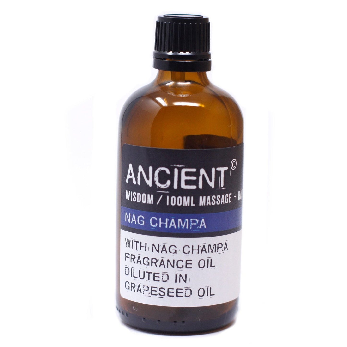 Alt Tag: Nag Champa Infused Massage Oil – 100 ML en botella ámbar, fragancia Nag Champa diluida en aceite de semilla de uva