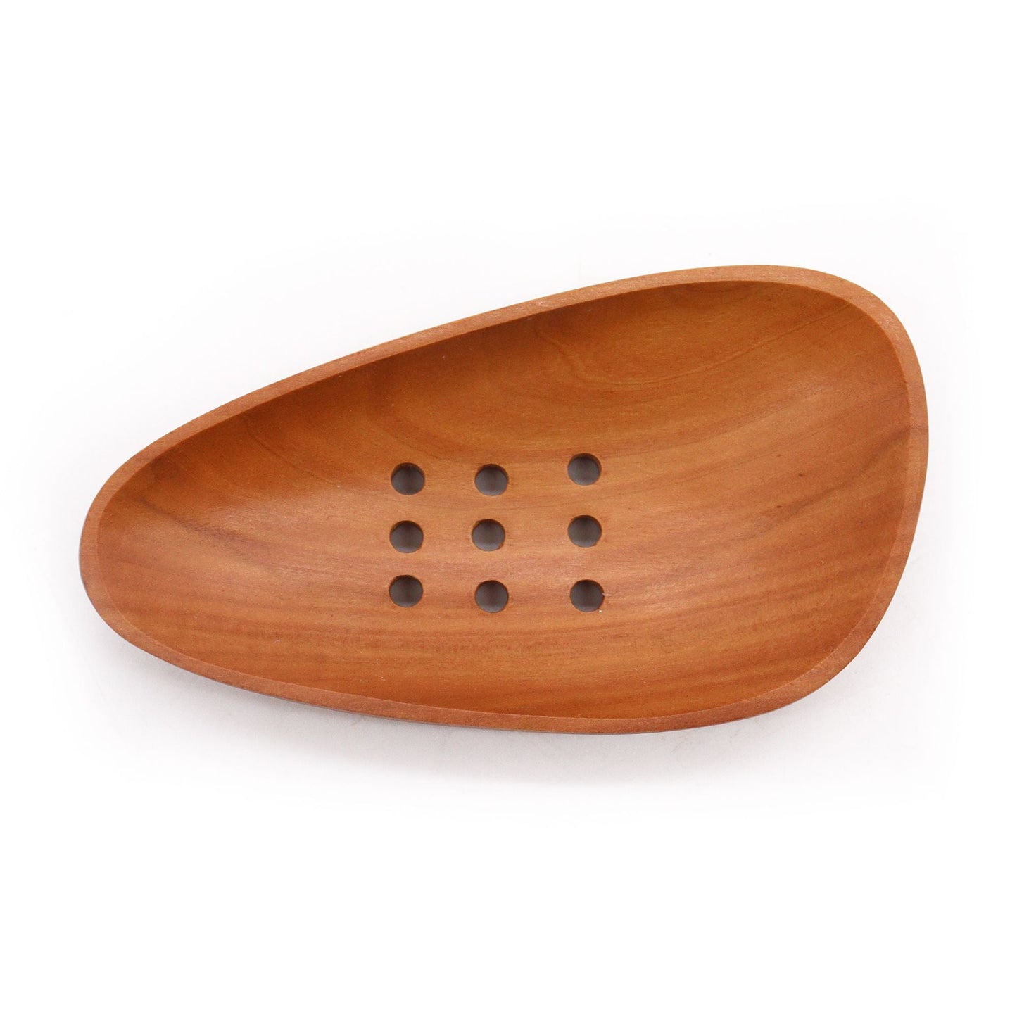 Alt Tag: Naseberry Wood Mahogany Soap Dish – 12x6 CM handcrafted pebble-shaped wooden soap dish with drainage holes, top view