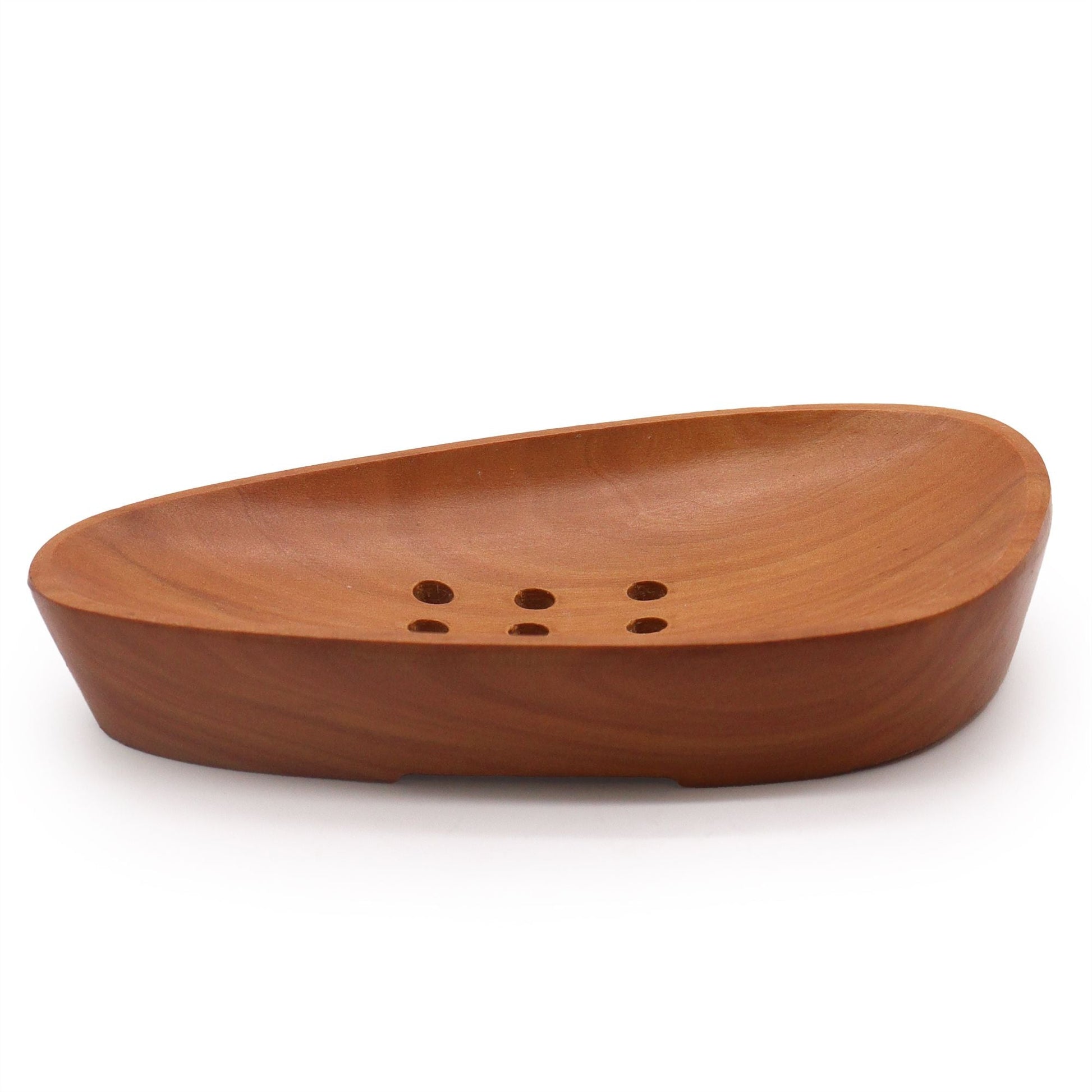 Naseberry Wood Mahogany Soap Dish – 12x6 CM handcrafted pebble-shaped wooden soap dish with drainage holes, natural finish
