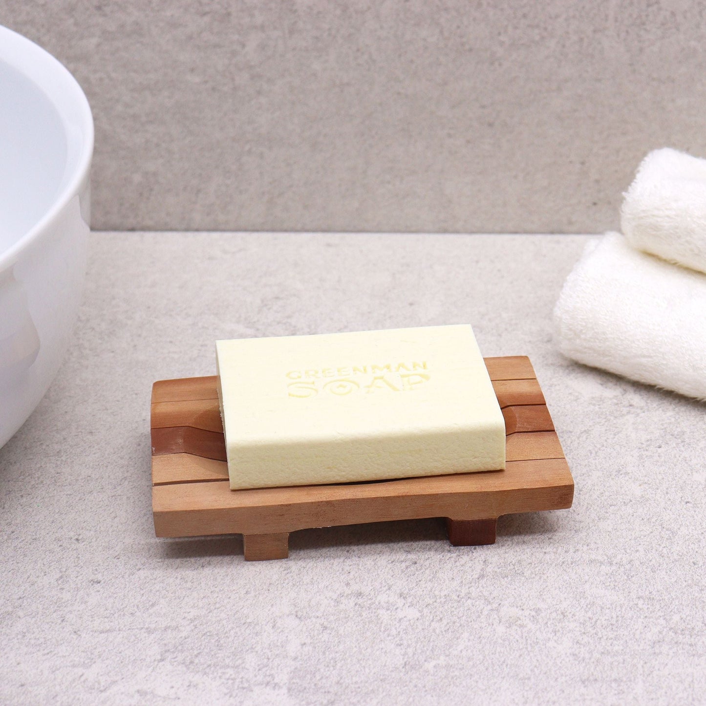 Alt Tag: Naseberry Wood Soap Dish – Grid Drainer 13x6 CM with bar soap on wooden grid drainer in bathroom setting