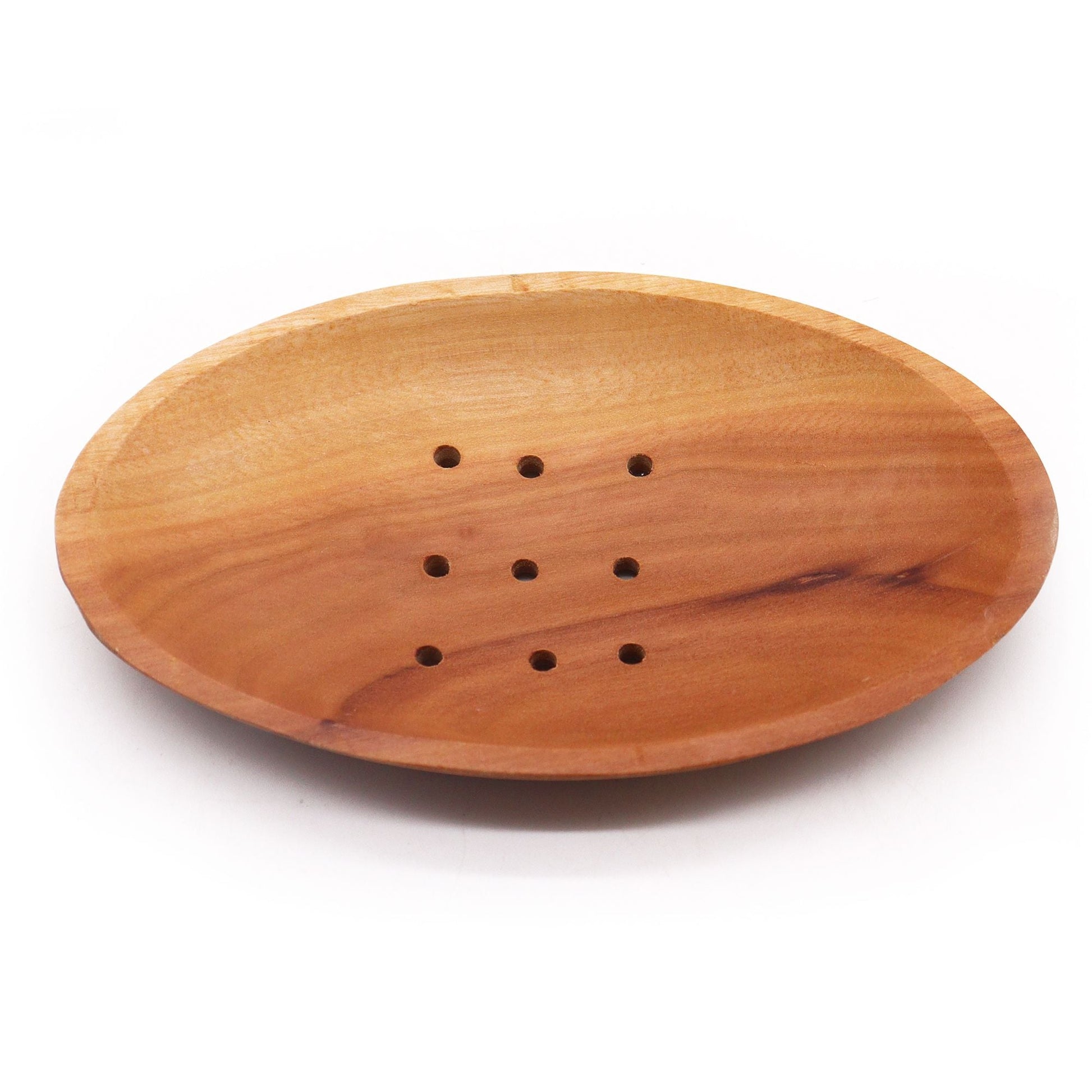 Alt Tag: Naseberry Wood Soap Dish – Oval 7x3 CM oval mahogany wooden soap dish with drainage holes, artisan-crafted bathroom accessory