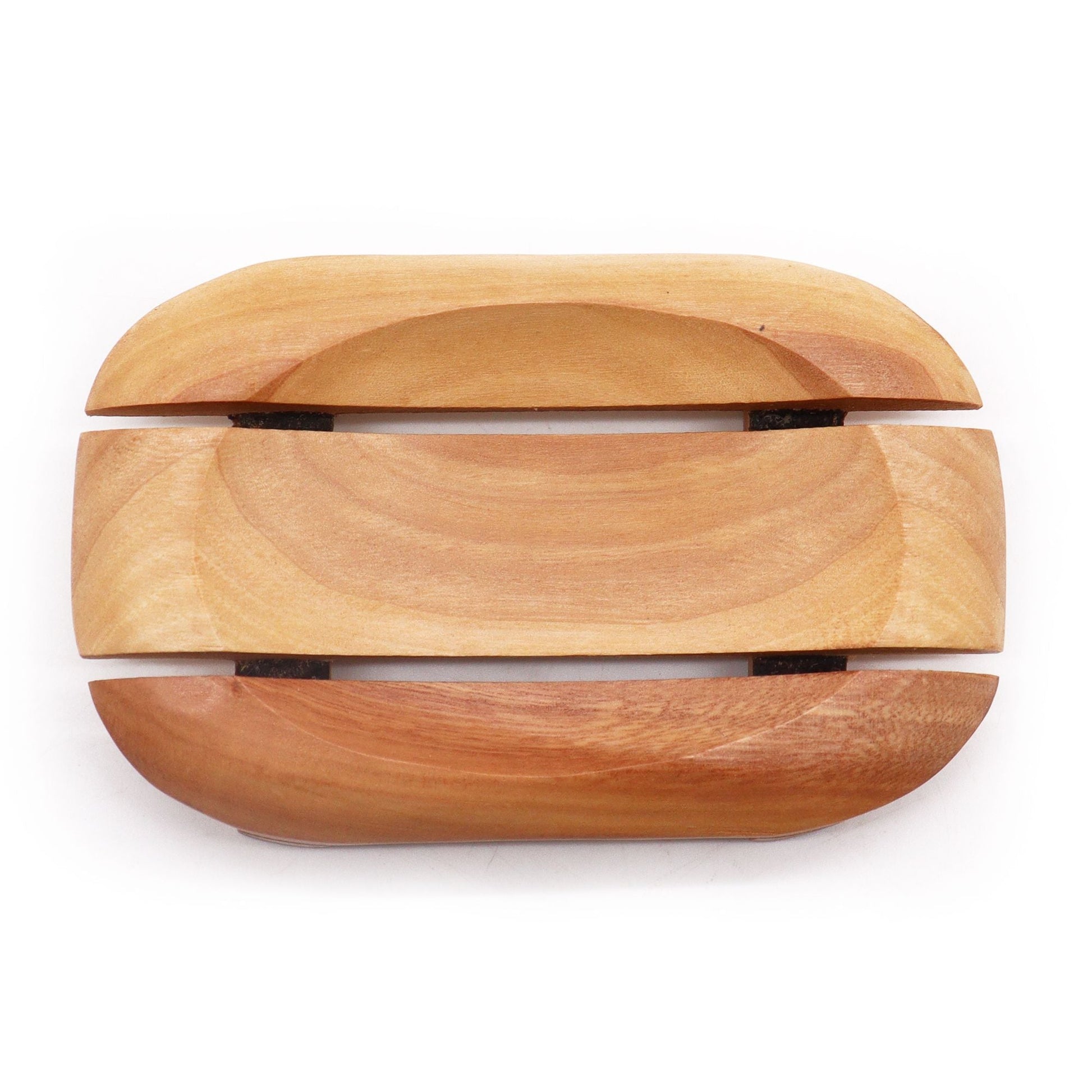 Alt Tag: Naseberry Wood Soap Dish – Oval in Rectangle, oval wooden soap dish with slotted design for bathroom countertop