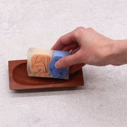 Alt Tag: Naseberry Wood Soap Dish – Rectangular 14.3x7.8 CM mahogany soap dish with drainage slots, hand placing bar soap