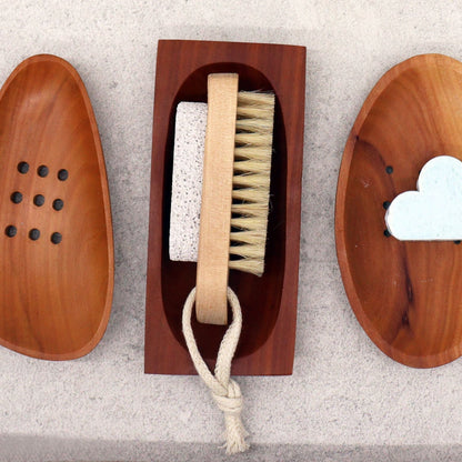 Naseberry Wood Soap Dish – Rectangular 14.3x7.8 CM with drainage slots, handcrafted wooden tray holding bath brush and pumice stone