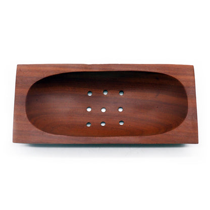 Alt Tag: Naseberry Wood Soap Dish – Rectangular 14.3x7.8 CM handcrafted mahogany soap dish with drainage holes, rectangular wooden tray