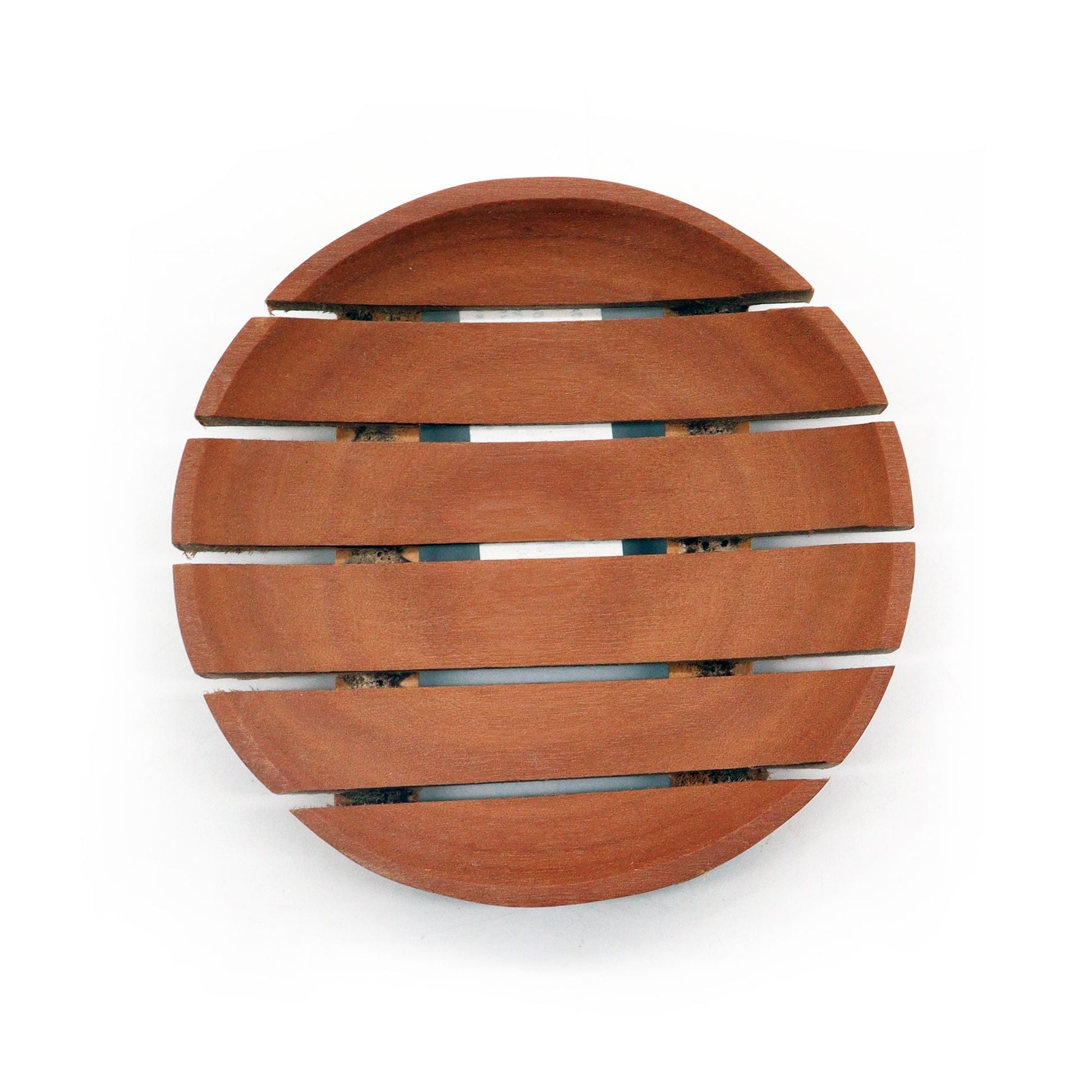 Alt Tag: Naseberry Wood Soap Dish – Round 10x2 CM round handcrafted wooden soap dish with carved drainage slots, top view