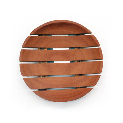 Alt Tag: Naseberry Wood Soap Dish – Round 10x2 CM round handcrafted wooden soap dish with carved drainage slots, top view