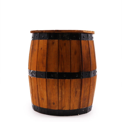 Natural Albasia Wood Barrel Stool – 38x32 CM, taburete tipo barril de madera natural con aros metálicos negros