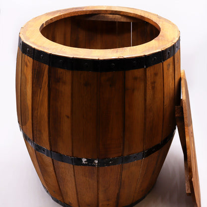 Alt Tag: Natural Albasia Wood Barrel Table – 60x48.5 CM, handcrafted rustic beer barrel table with metal bands and storage compartment