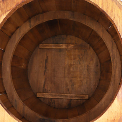 Alt Tag: Natural Albasia Wood Barrel Table – 60x48.5 CM, vista superior de mesa tipo barril de madera natural con acabado rústico