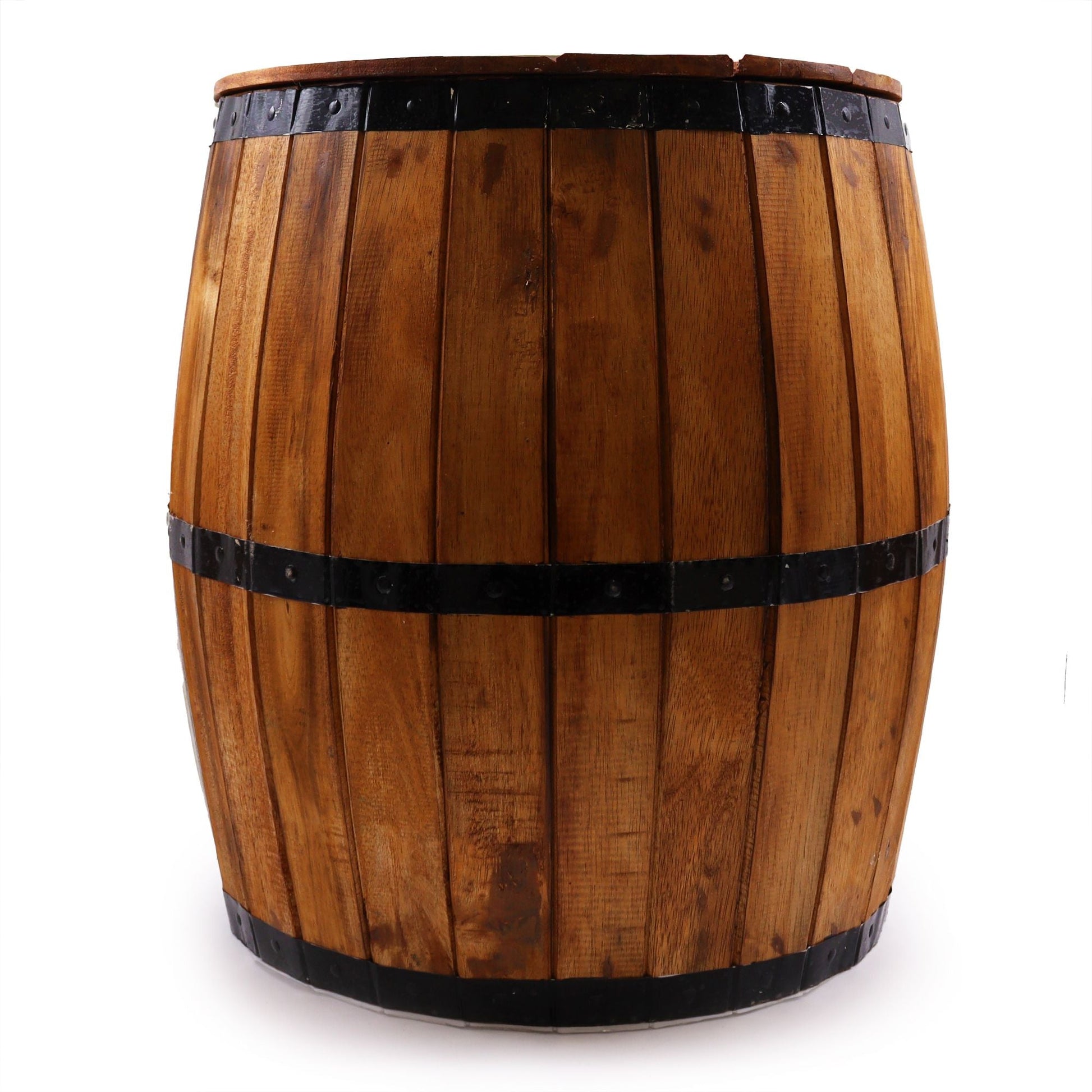Natural Albasia Wood Barrel Table – 60x48.5 CM, mesa tipo barril de madera Albasia natural con aros metálicos, vista frontal
