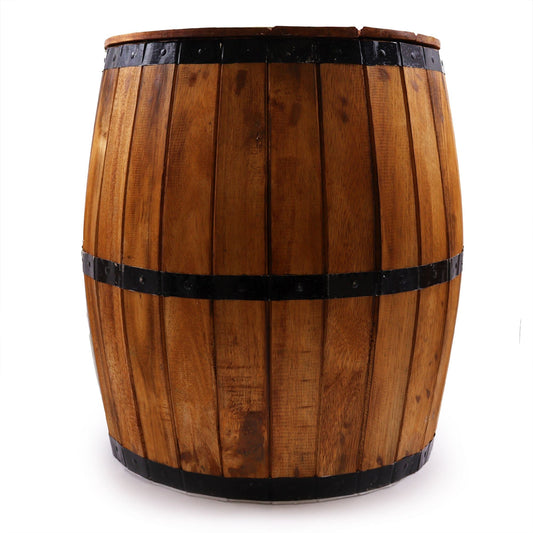Natural Albasia Wood Barrel Table – 60x48.5 CM, mesa tipo barril de madera Albasia natural con aros metálicos, vista frontal