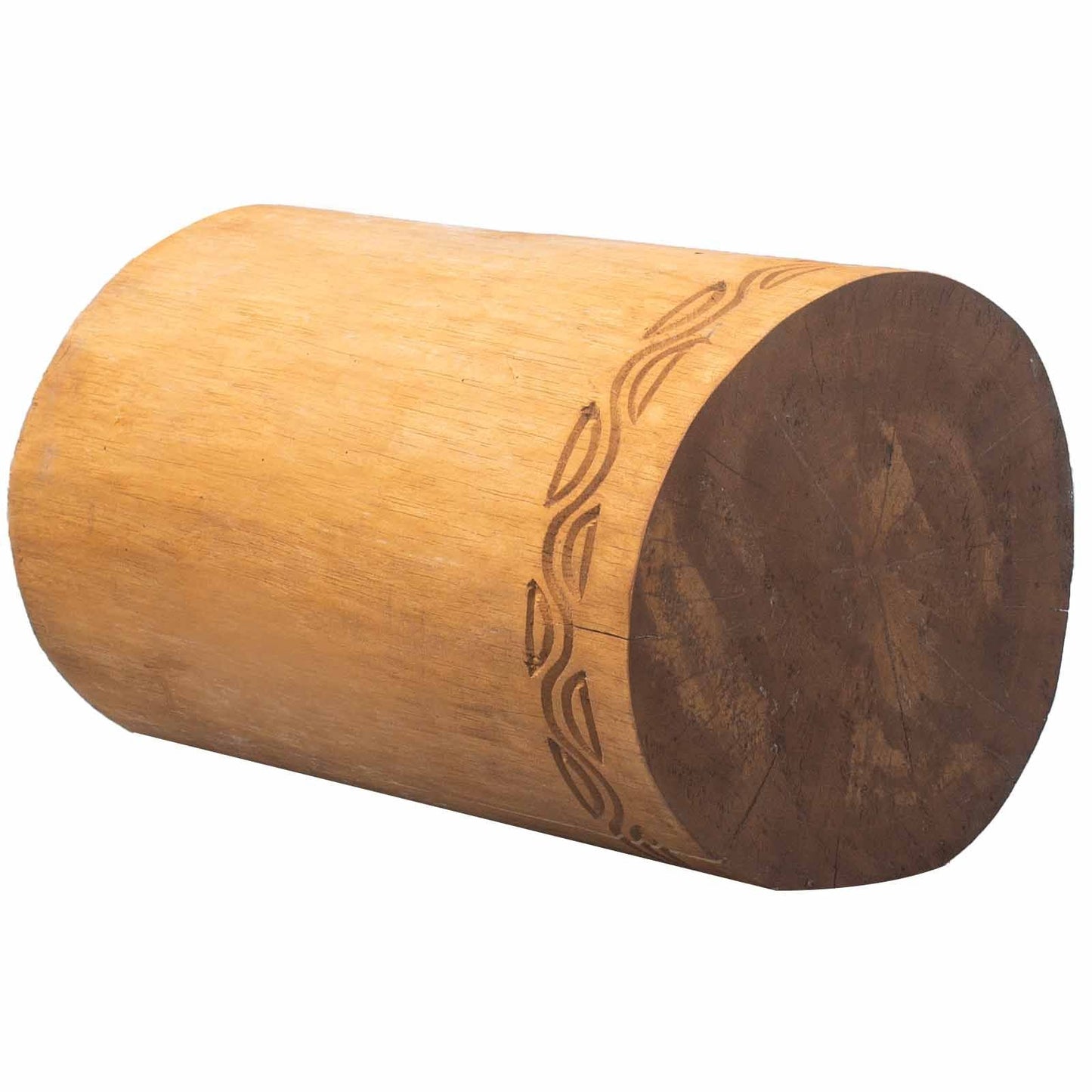 Natural Albasia Wood Tribal Table & Stool – 30x30x40 CM cylindrical carved wood stool with natural finish, side view