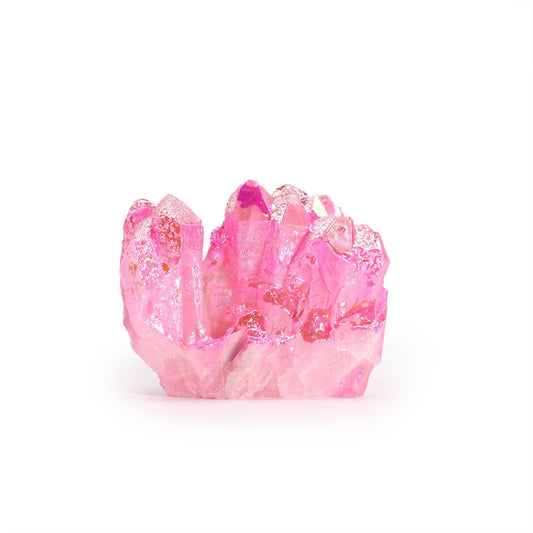 Alt-Tag: Natural Aura Rose Quartz – 100–150G, 7–10CM rosa, Kristalltraube mit irisierendem Aura-Finish auf weißem Hintergrund