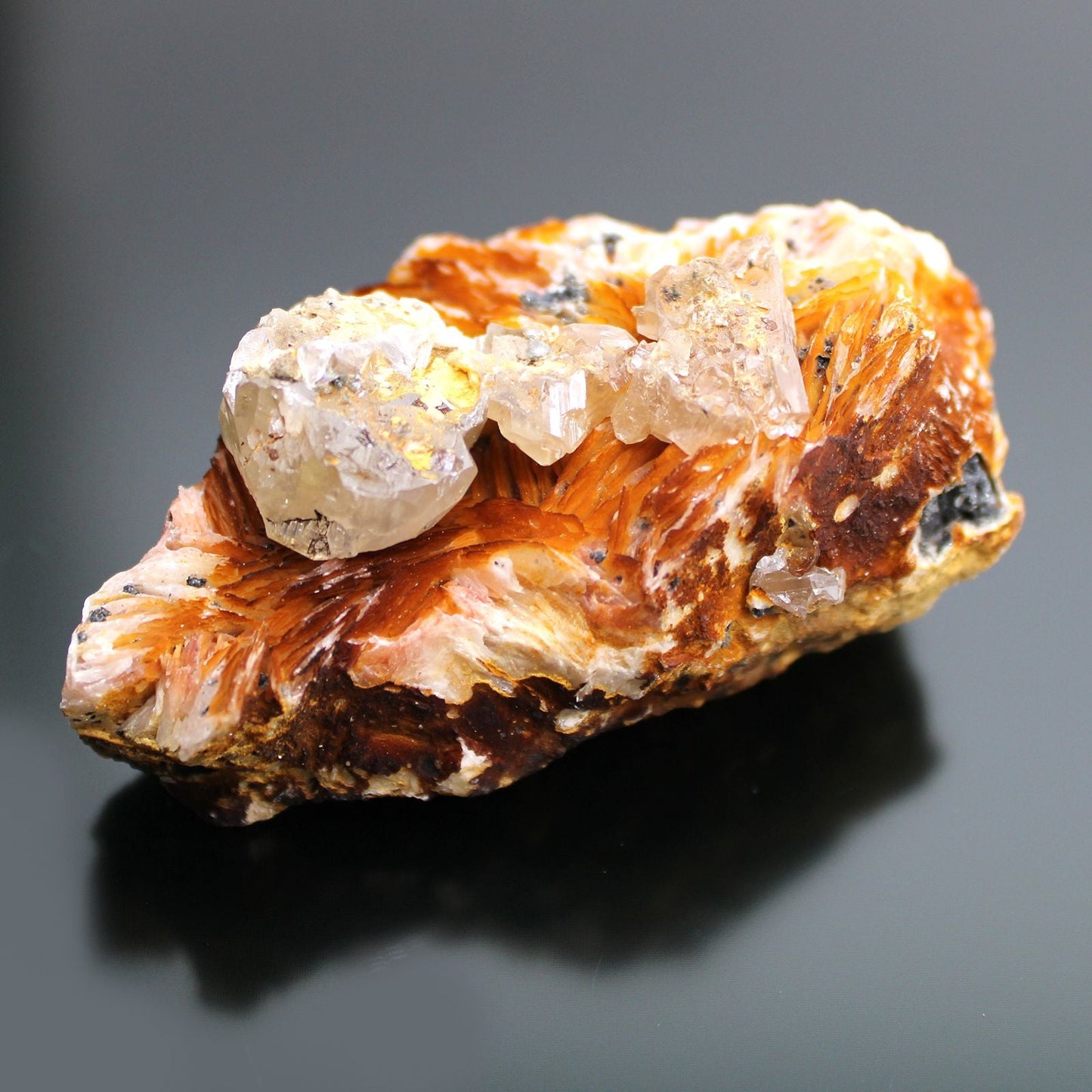Natural Barite & Sericite Specimens – 60-Piece Collection mineral specimen close-up with white barite crystals and reddish sericite matrix