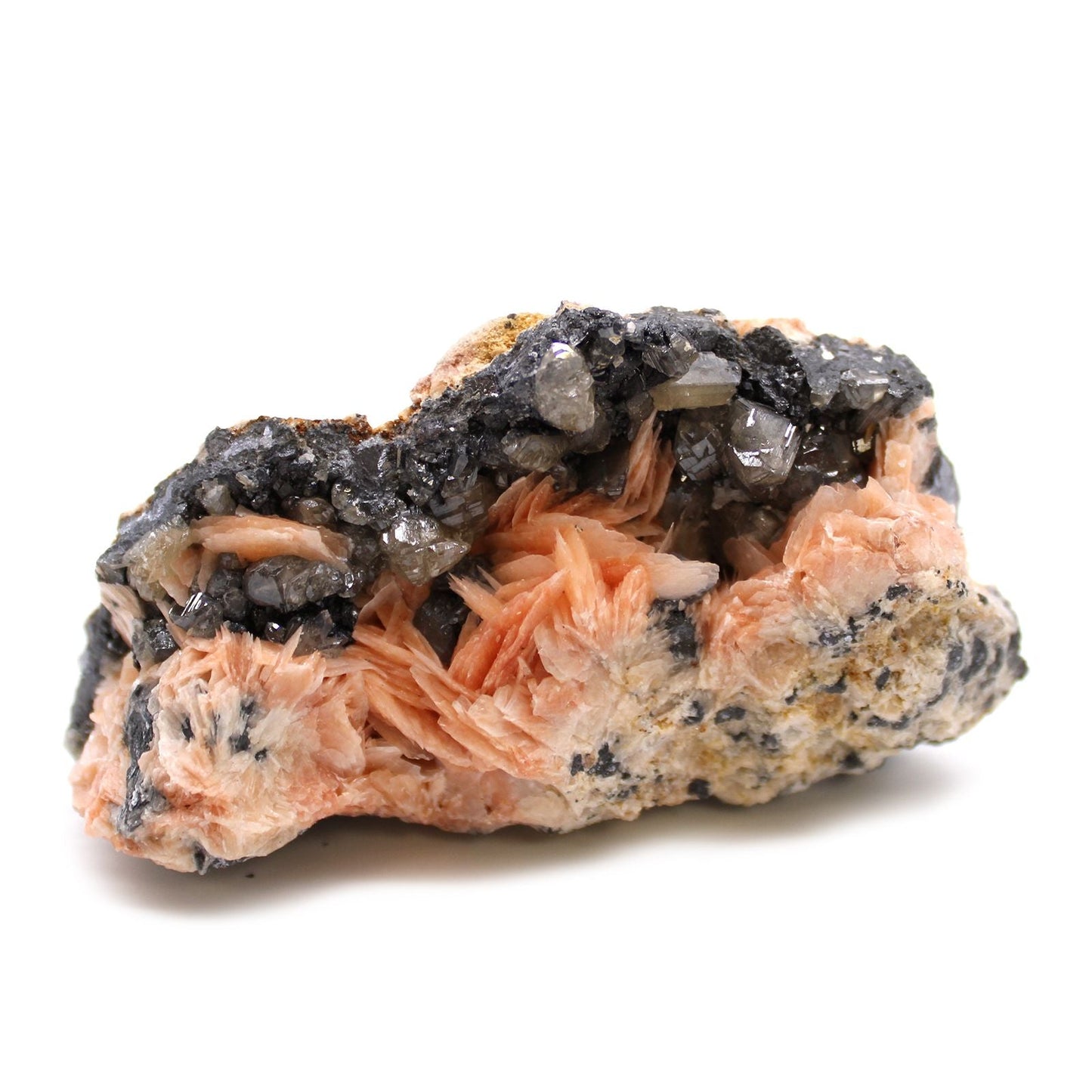 Natural Barite & Sericite Specimens – 60-Piece Collection mineral specimen close-up with pink sericite blades and dark barite crystals